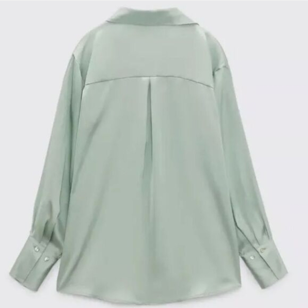 Zara Sage Green Satin Button Down Long Sleeve Shirt Size Small - Picture 15 of 15